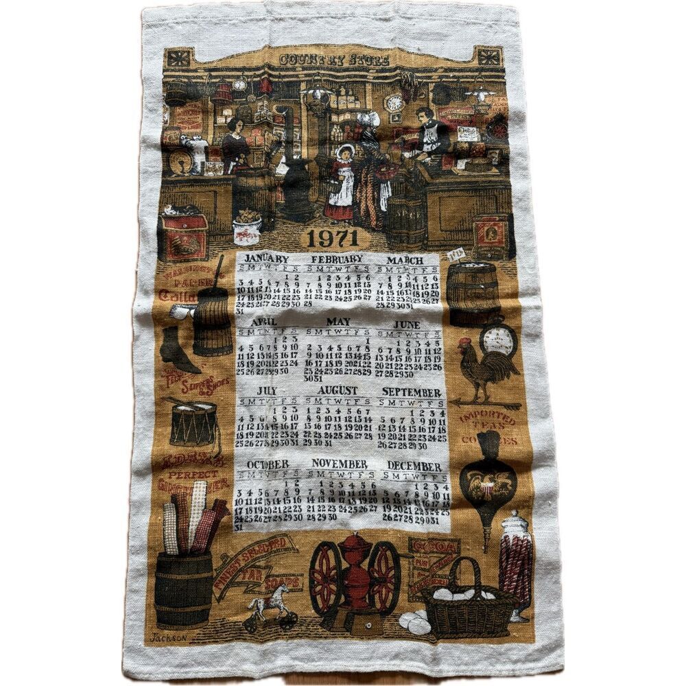1971 Kay Dee Country Store Linen Cloth Kitchen Calendar Tea Towel NWOT